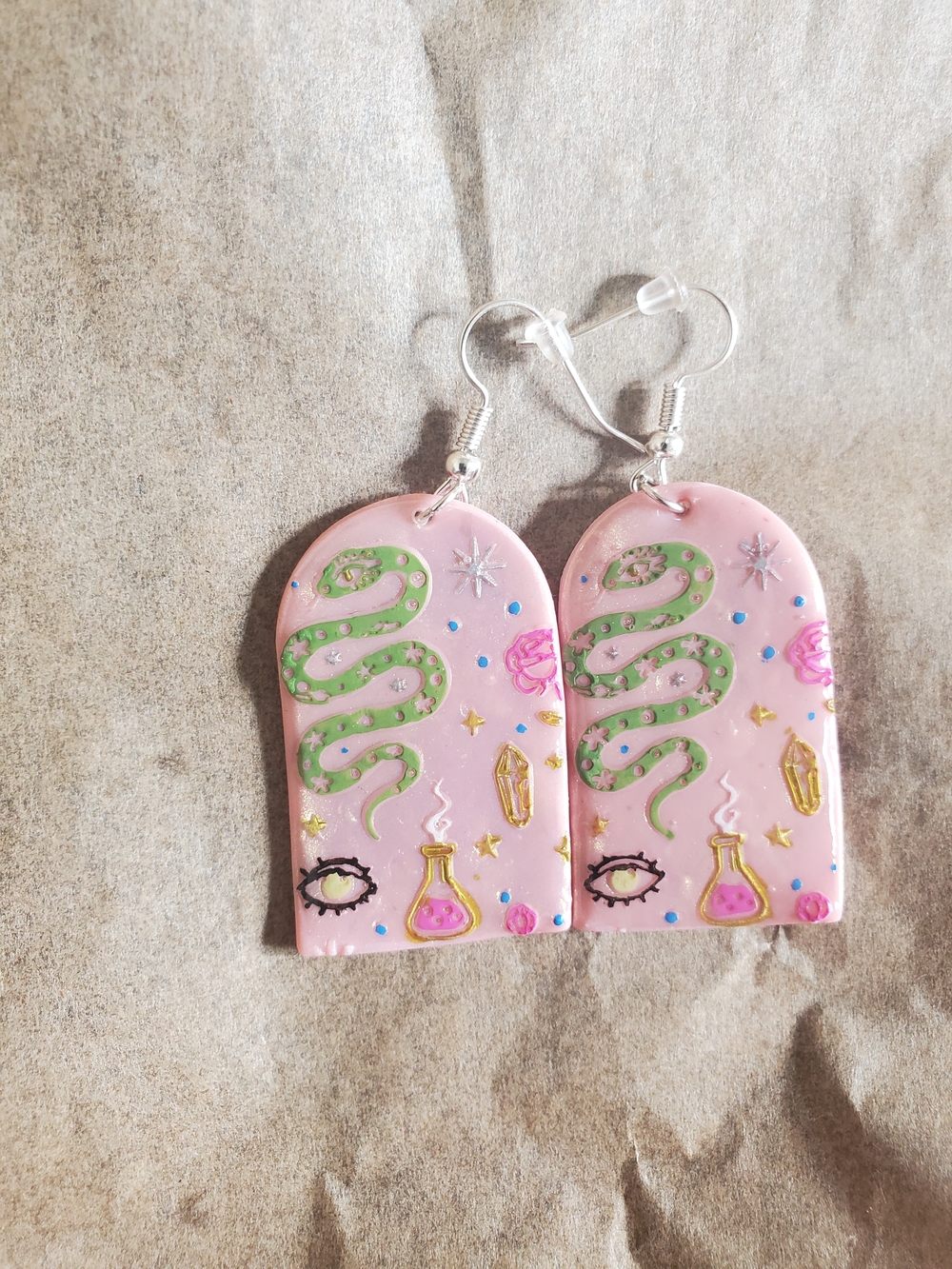 Handmade Snake & Potion Dangle Earrings